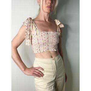 PETERSYN Nola Cropped Smock Tie Strap Pink Floral Top NWT US XSMALL